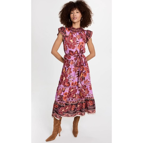Farm Rio XL Sweet Floral Midi Dress Lilac Purple Belted Ruffles Tiered New $255 - Picture 4 of 7